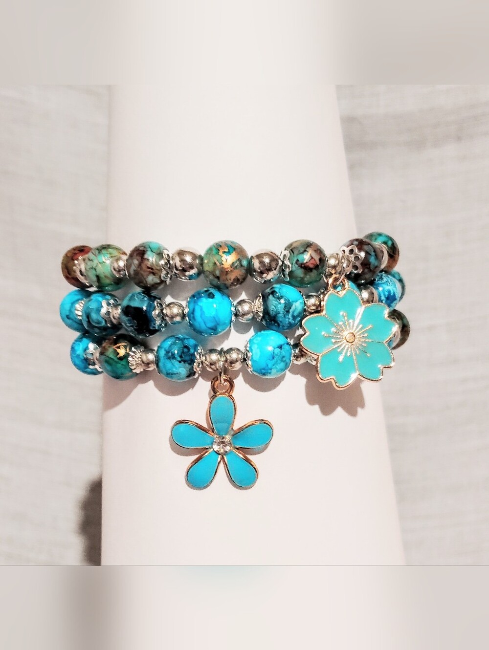 Handmade Bracelet One Of A Kind. Blue Flower Glass Bracelet. Size 7'' Lot Of 3